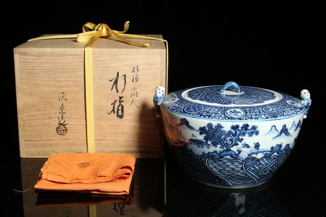 U3 京焼 林淡幽 五山窯 染付楼閣山水賢人図 祥瑞二閑人 水指 共箱 茶道具