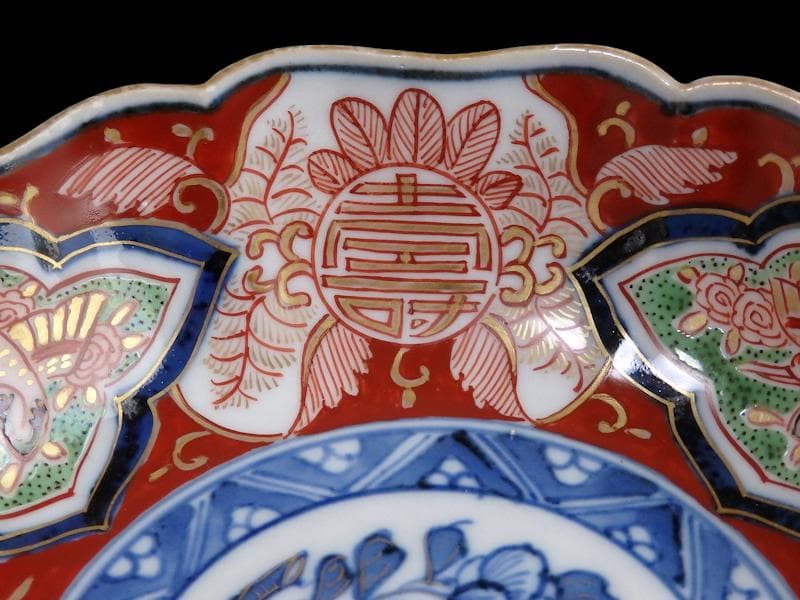 大聖寺伊万里　金襴手 窓絵　寿に鶴の図　膾皿　４客　B252AS-DCr