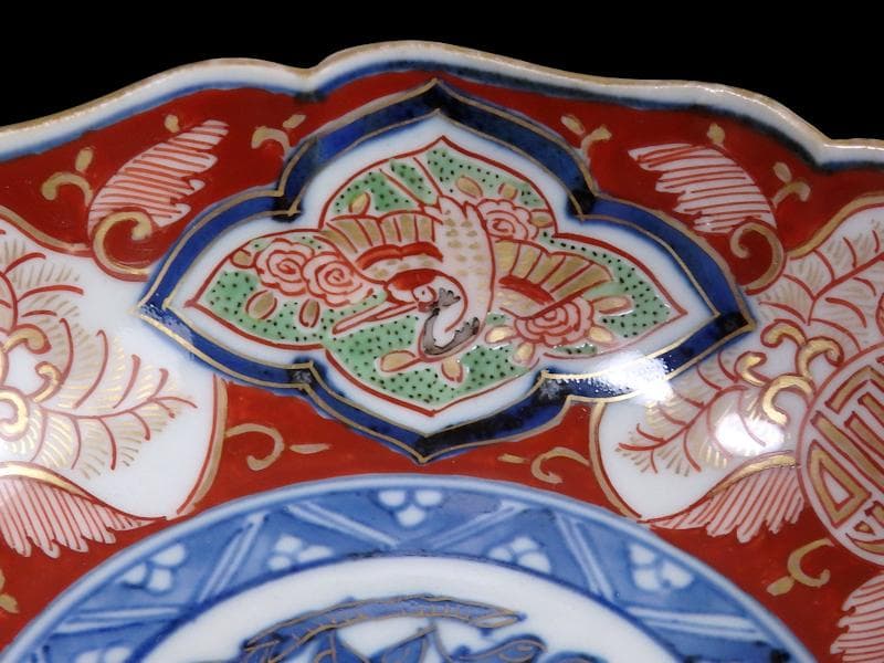 大聖寺伊万里　金襴手 窓絵　寿に鶴の図　膾皿　４客　B252AS-DCr
