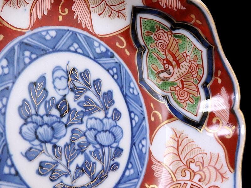 大聖寺伊万里　金襴手 窓絵　寿に鶴の図　膾皿　４客　B252AS-DCr