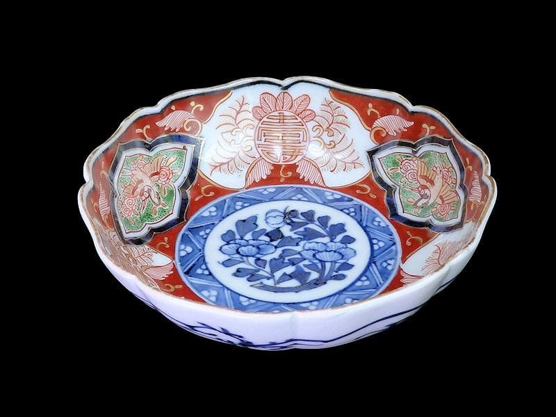 大聖寺伊万里　金襴手 窓絵　寿に鶴の図　膾皿　４客　B252AS-DCr