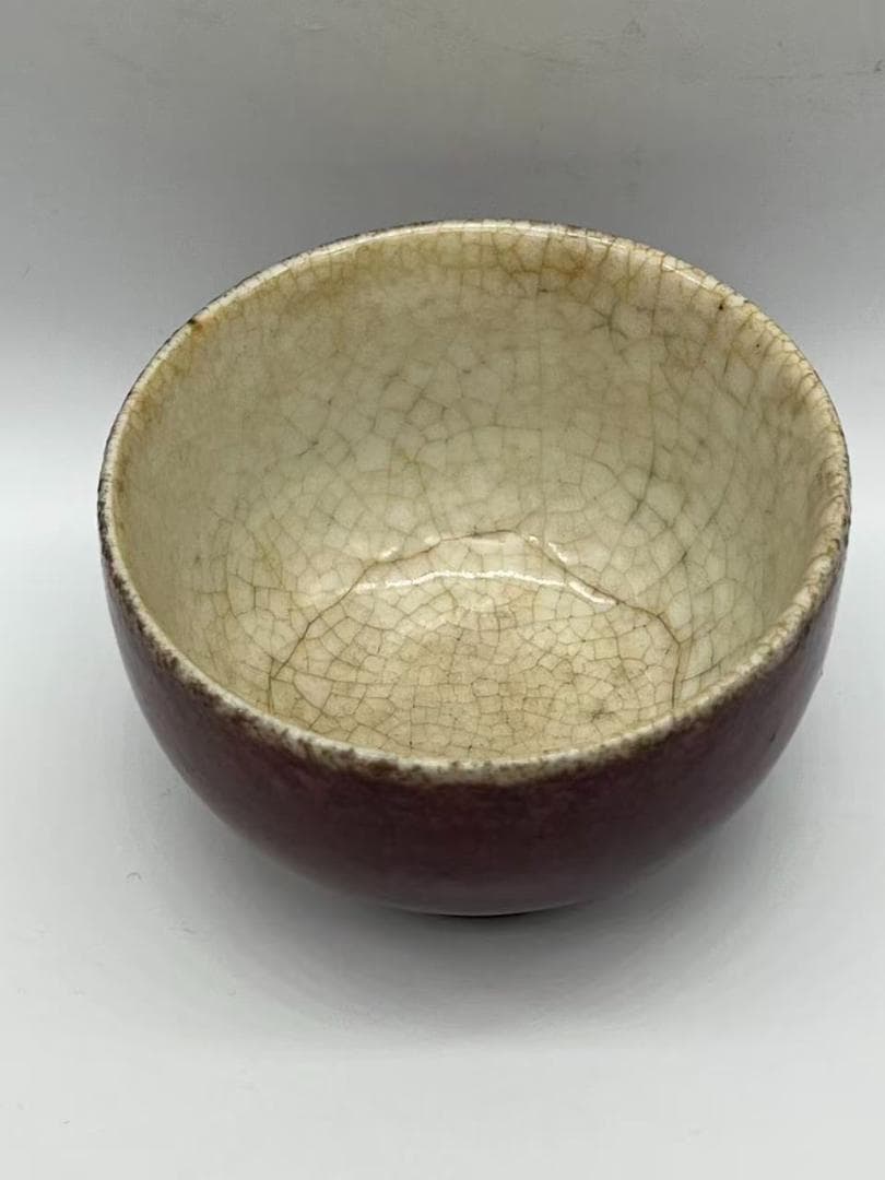 清時代　郎窯紅釉碗　紅釉開片内白釉碗　豇豆紅釉茶盞 深腹碗(F-144)