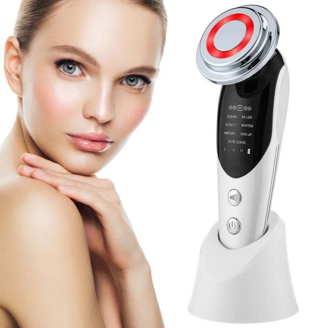 7役 美顔器 イオン導入 EMS 振動 若返り フェイスケア 超軽量 充電式 白