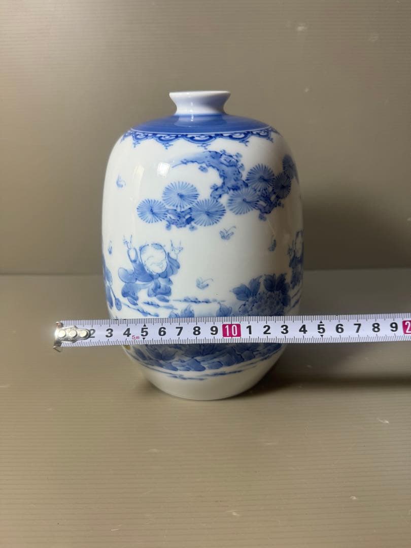 2568 平戸祐祥　染付　唐子絵　花瓶　未使用