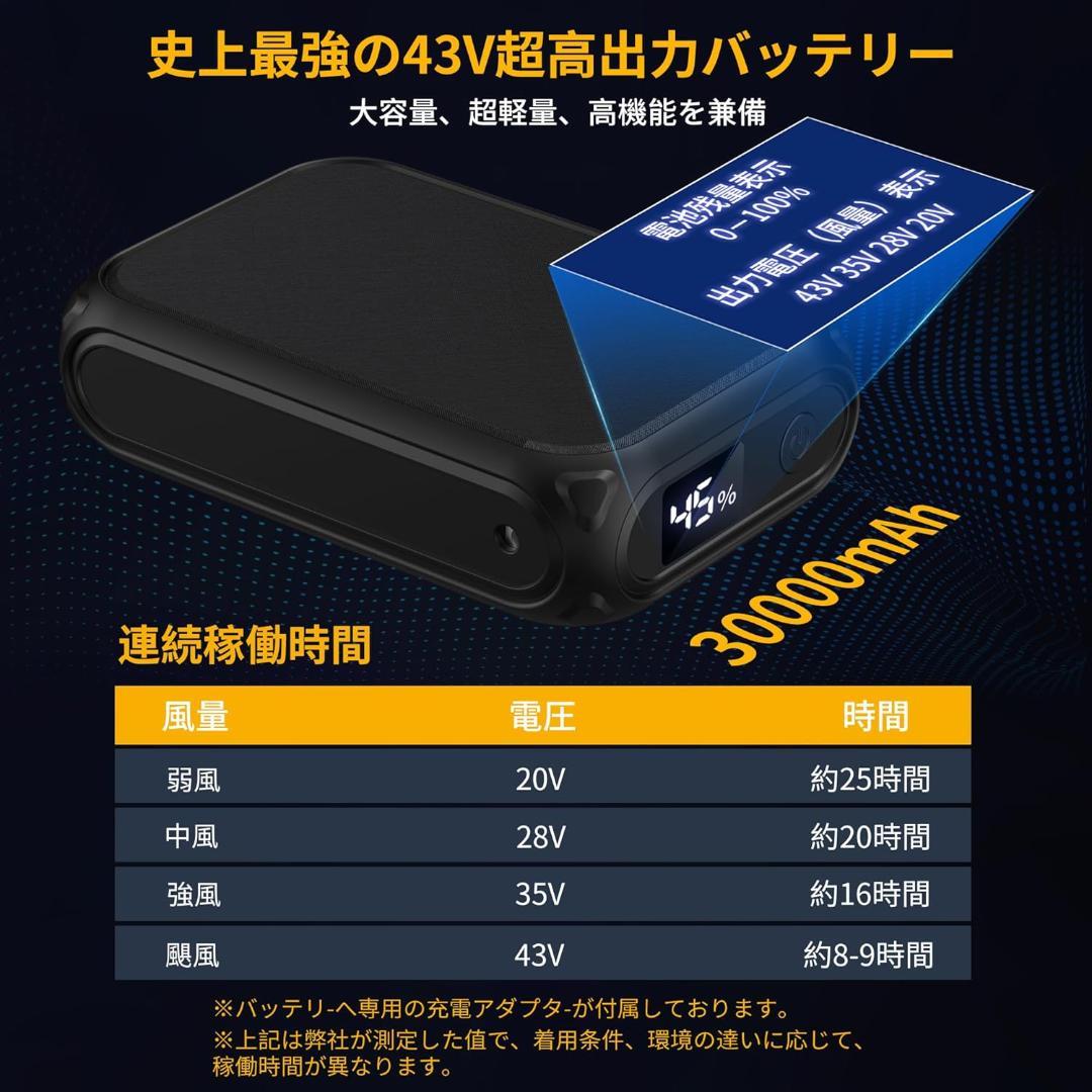 空調作業服 ファンバッテリーセット 43V高出力 30000mAh 連続25時間