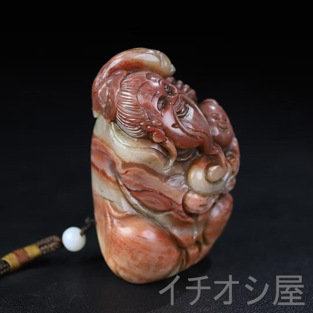 【旧蔵 寿山石 子孫楽 彫刻 手握り件】原石原色 印材 彫刻 時代物 田黄石