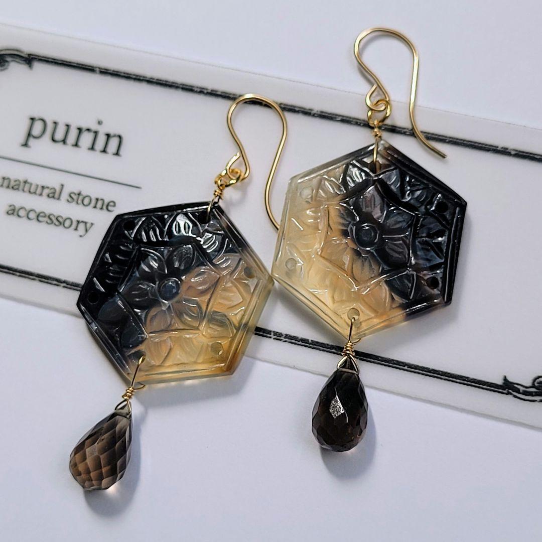 ボツワナアゲート フラワーカービングピアス