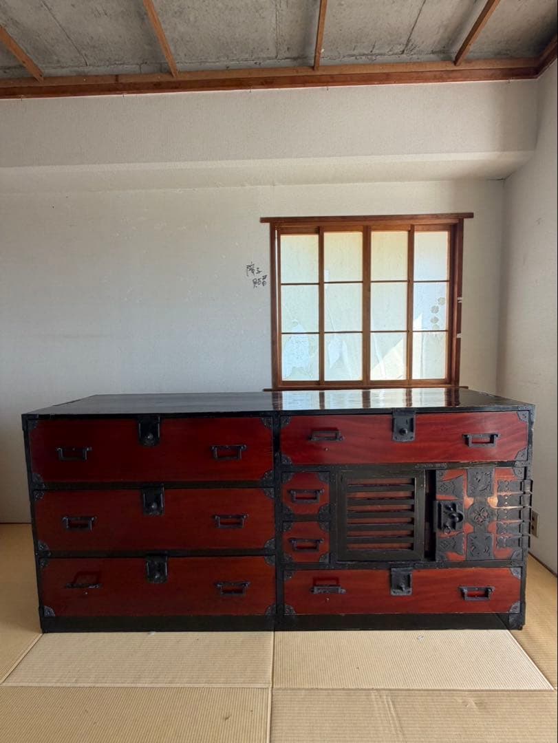 鍵付時代箪笥　和箪笥　閂　棒箪笥　隠し箱　飾り金具　アンティーク