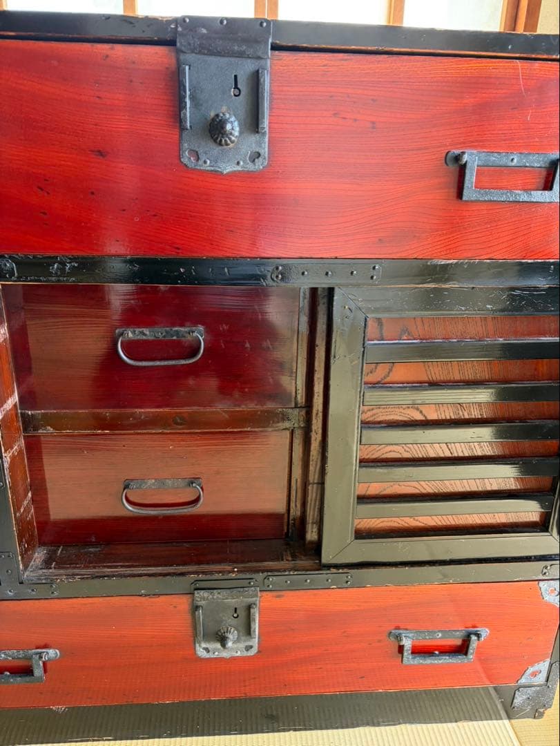 鍵付時代箪笥　和箪笥　閂　棒箪笥　隠し箱　飾り金具　アンティーク