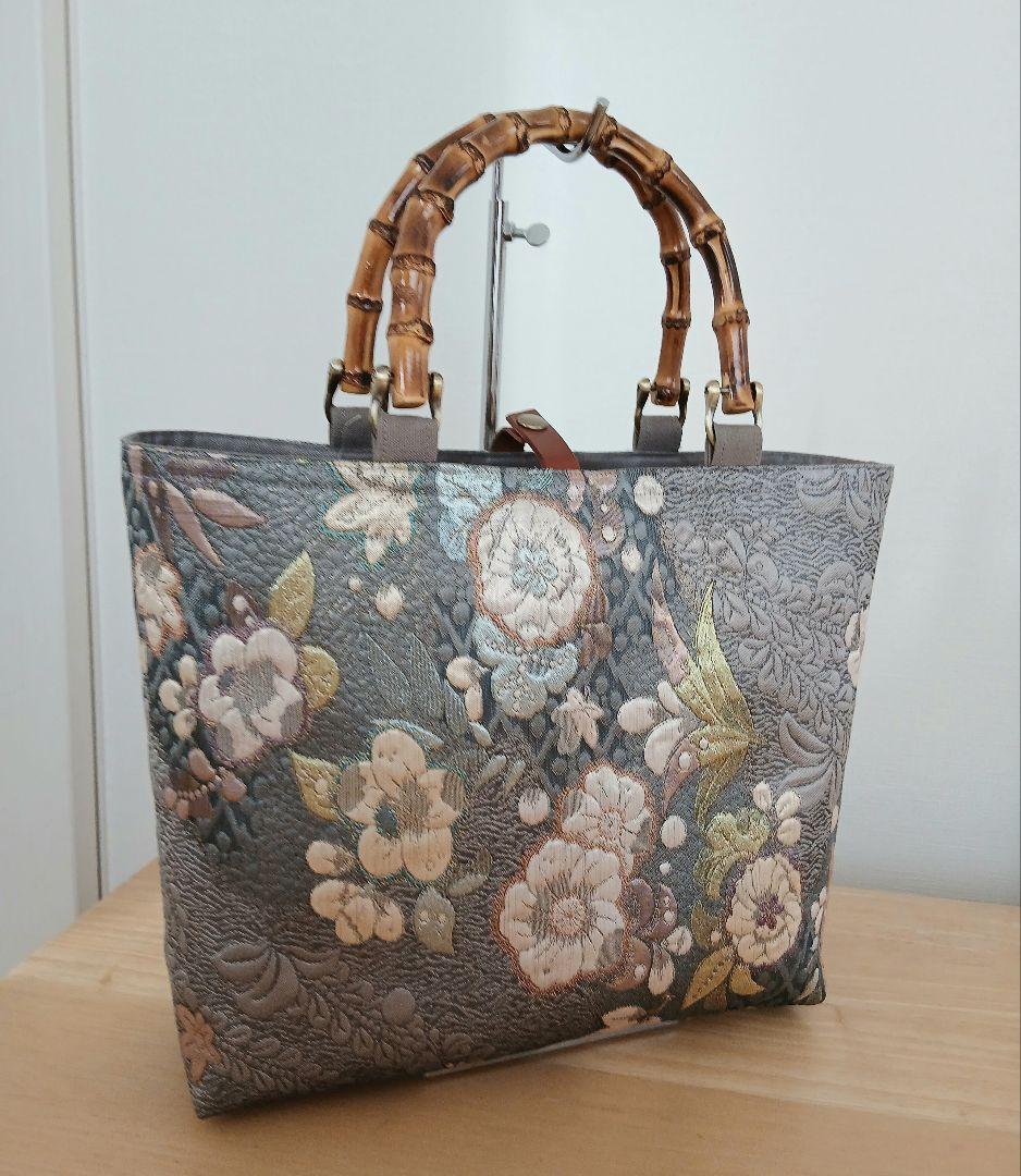 帯リメイクバッグ★ハンドメイド★シルバーグレー地に辻が花・銀糸箔・ 正絹袋帯