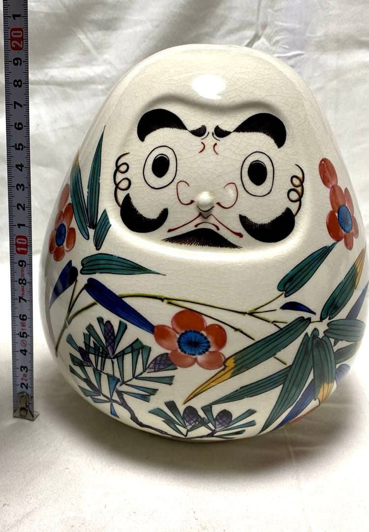 日本伝統工芸品 九谷焼 ダルマ型陶器置物 手描き 松竹梅花模様
