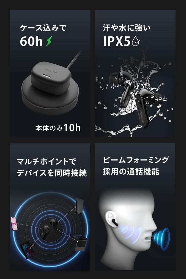Earbuds イヤホン/完全ワイヤレスイヤホン カナル型 マルチポイント接続