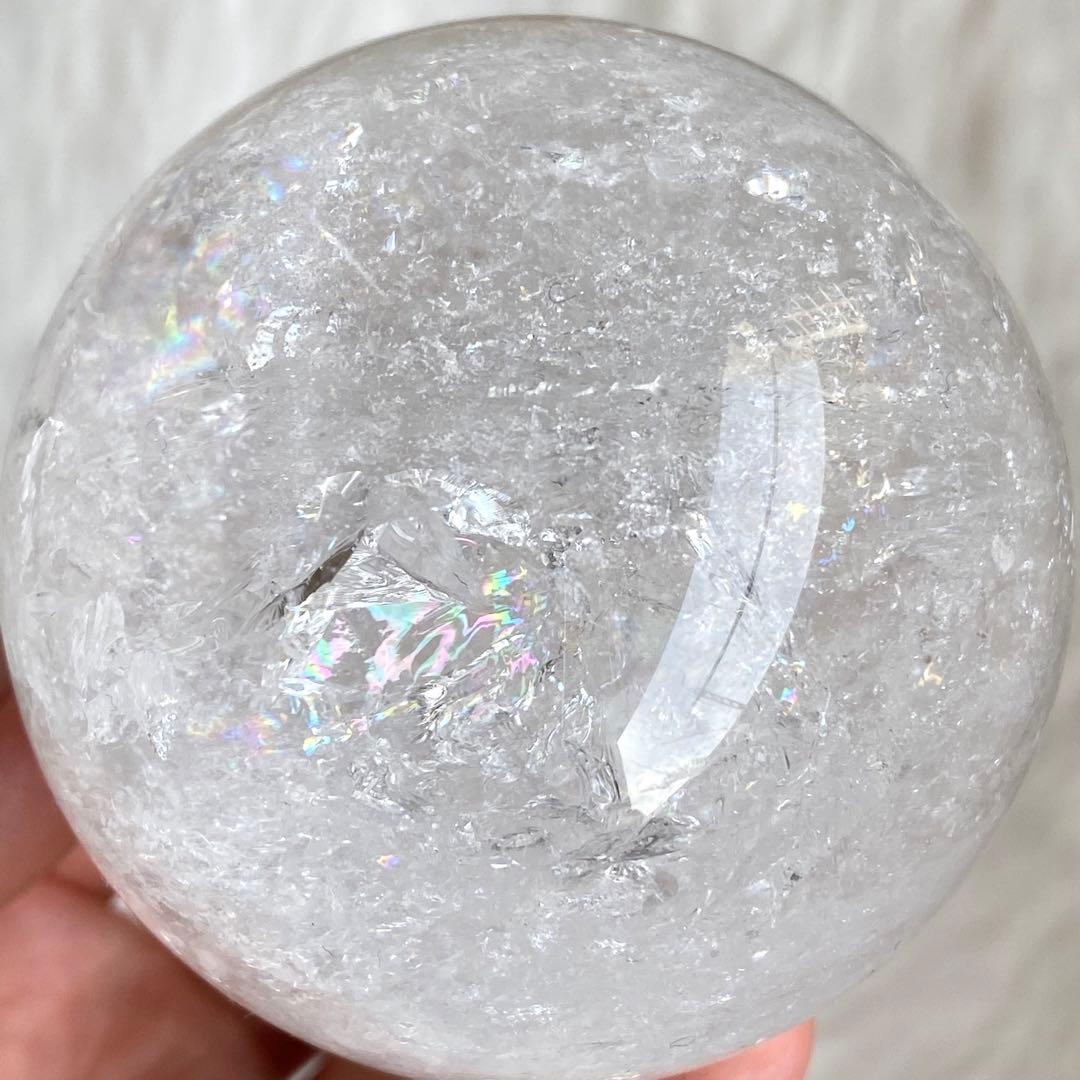 【 天然石 キラキラ シュワシュワ 虹入り 水晶 スフィア 約64ミリ 丸玉 】