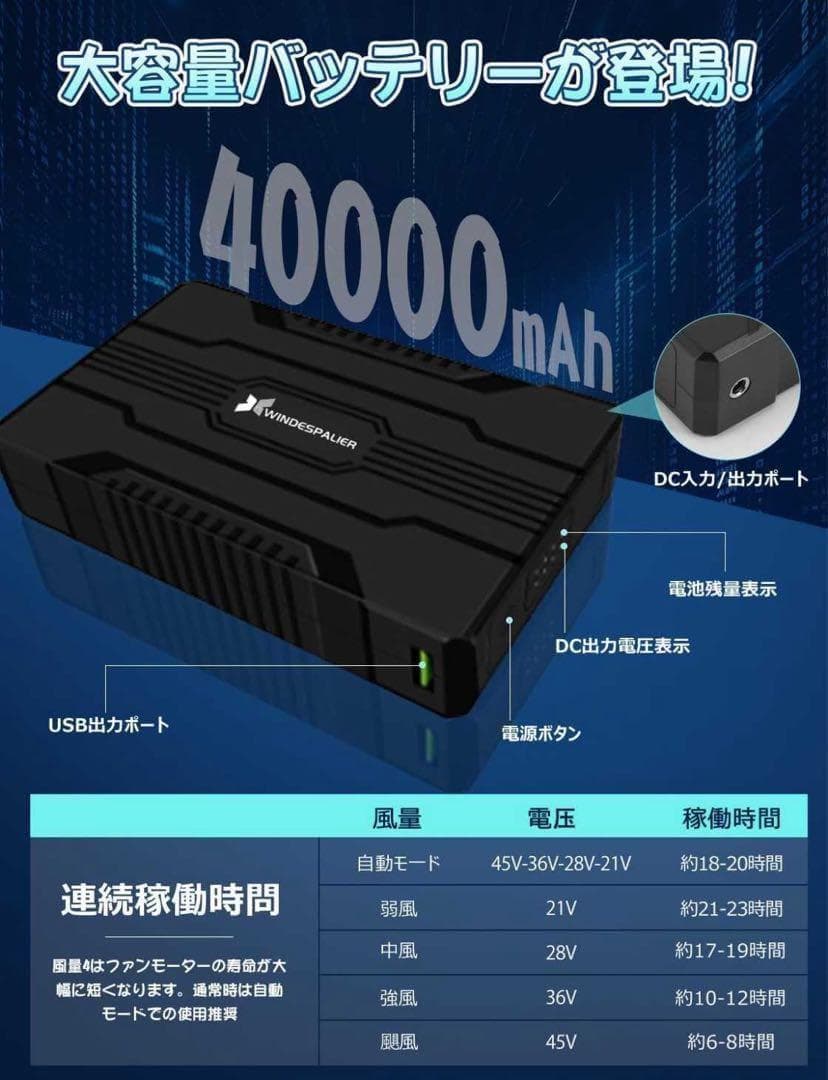 最新 45V 40000mAh 空調作業服 ファンバッテリーセット 熱中症対策