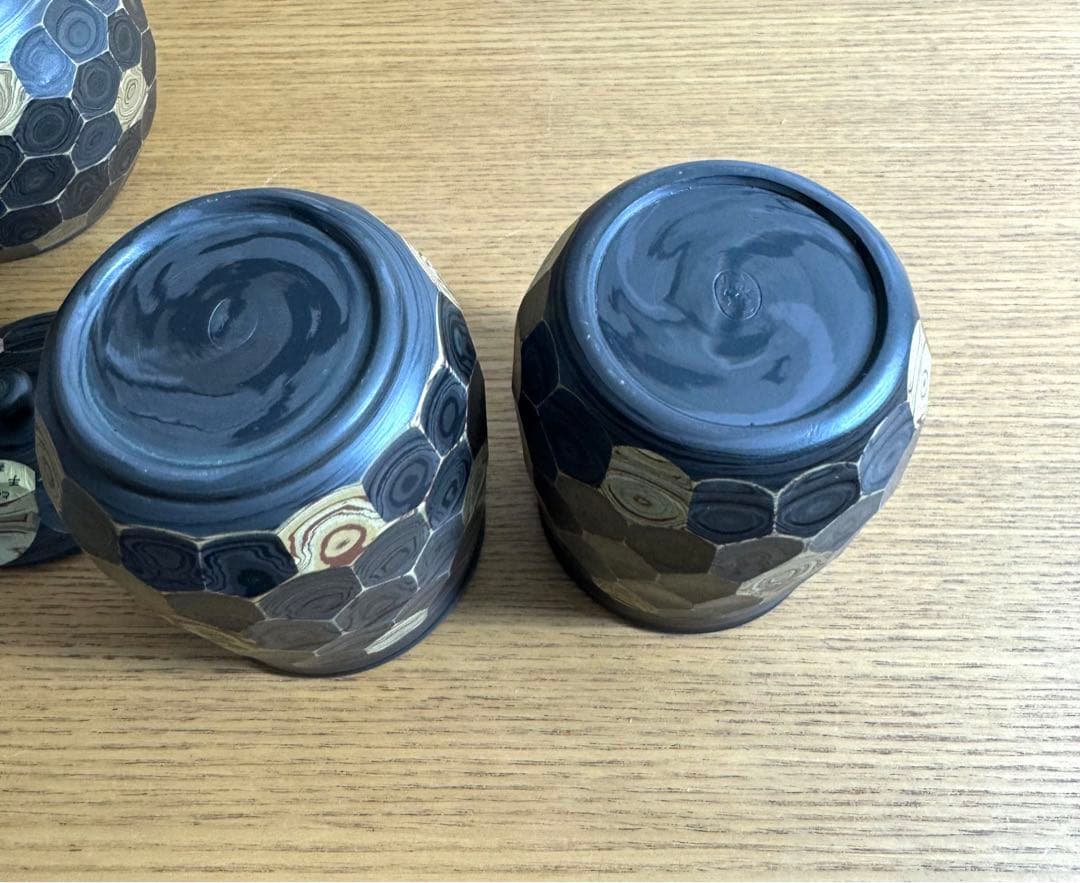 459 常滑焼　堀田憲児作　練込　削　茶器セット　未使用品　共箱