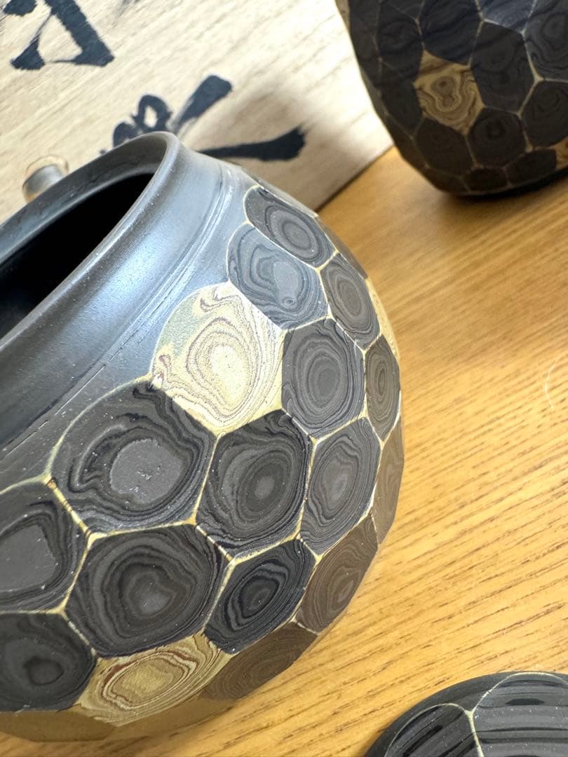 459 常滑焼　堀田憲児作　練込　削　茶器セット　未使用品　共箱