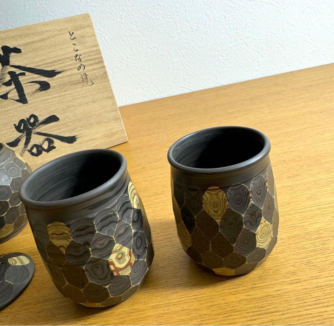 459 常滑焼　堀田憲児作　練込　削　茶器セット　未使用品　共箱