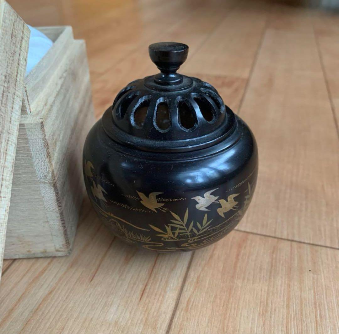 高岡銅器　香炉　玉胴型　波千鳥　蒔絵仕上　正晴堂　宏一作　アロマ　お香　お香立て
