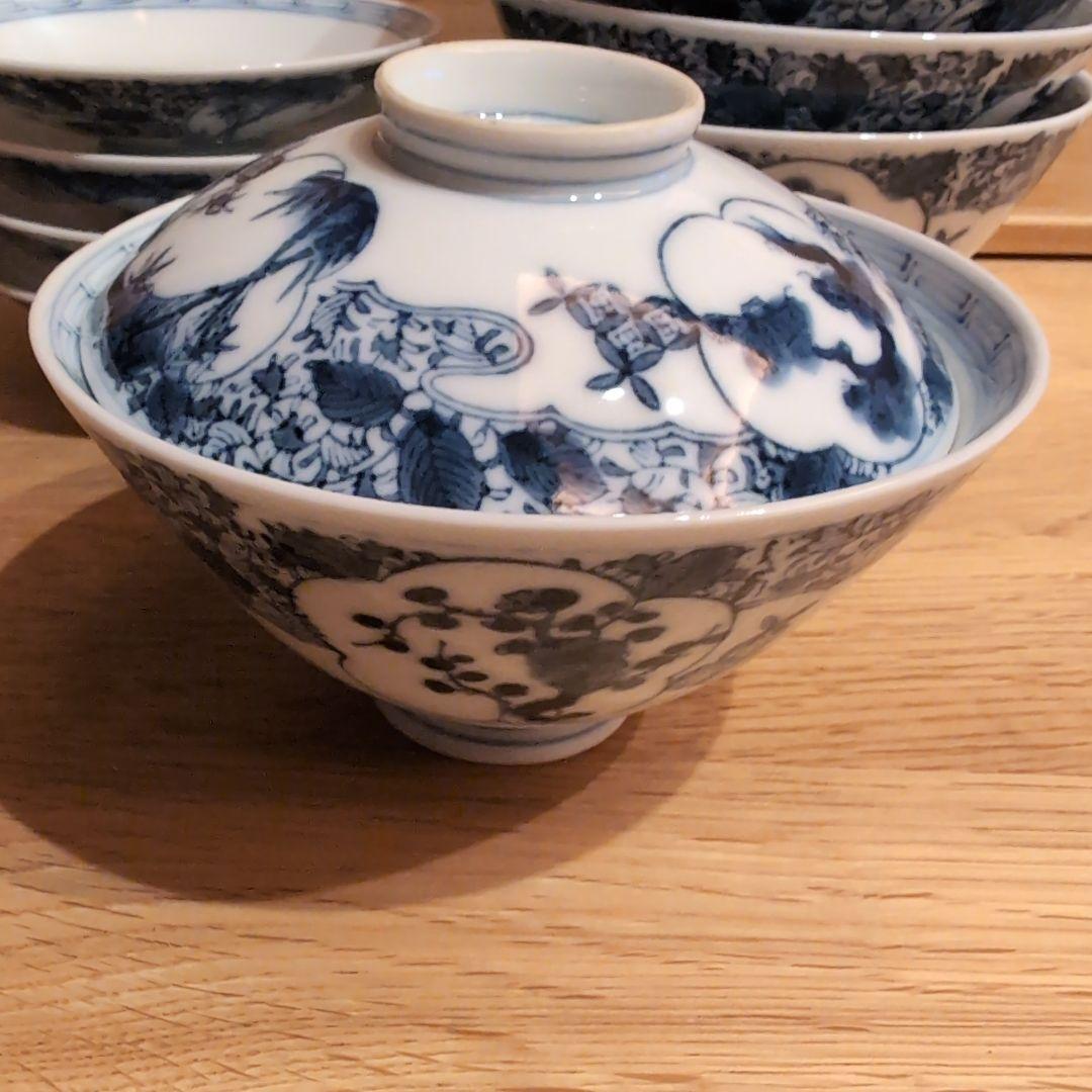 伊万里焼 藍染付け 蓋付き飯茶碗 5客セット 骨董 アンティーク