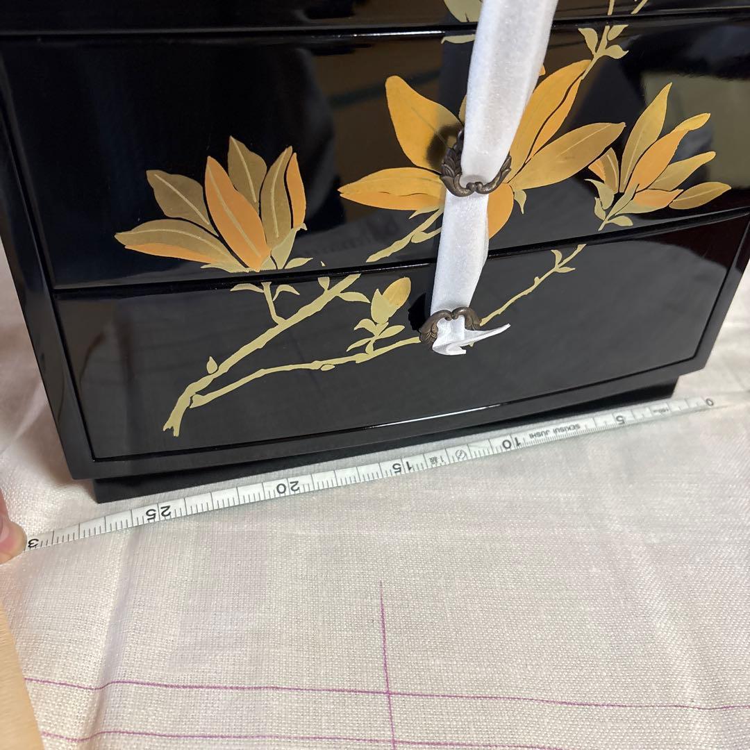 漆器 3段収納箱 黒漆 金色の花　会津塗り
