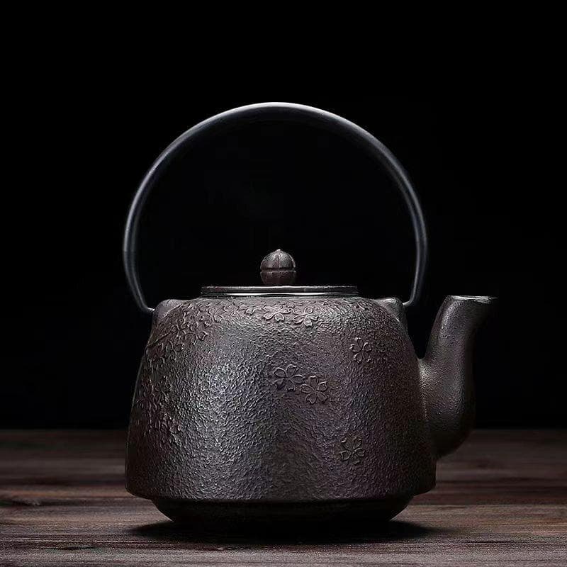黒色 鋳鉄製 花模様 鉄瓶 茶道具対応 容量 : 1.1L