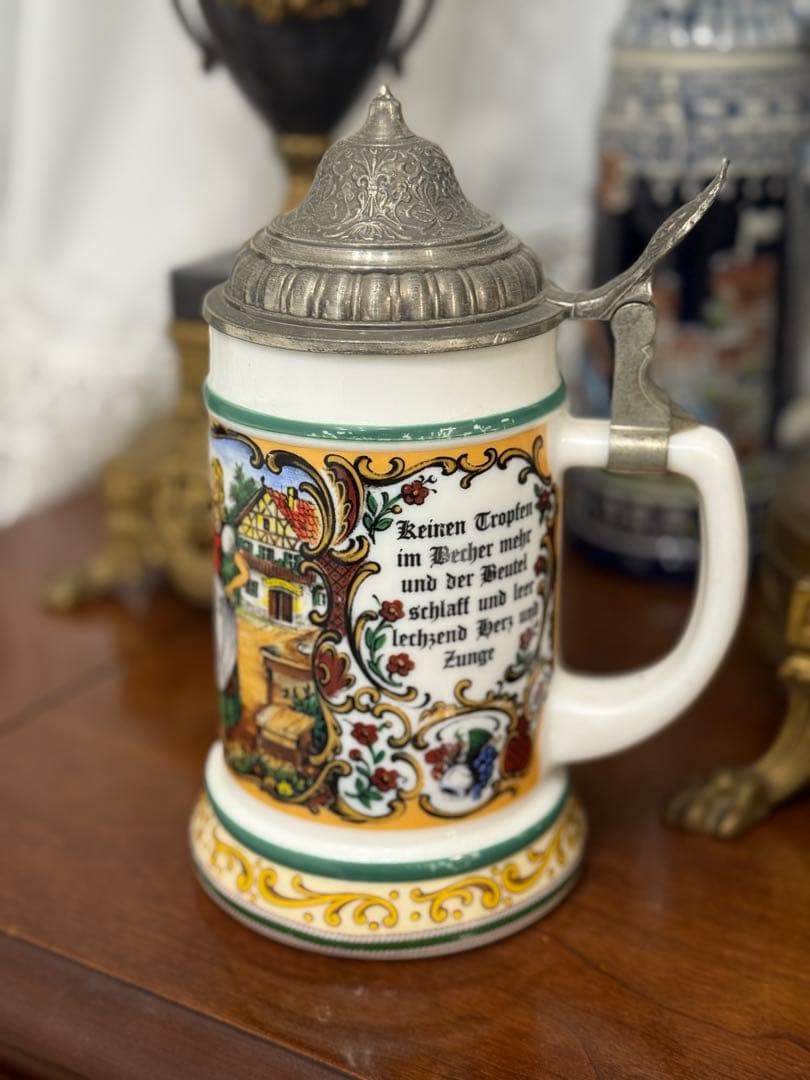 ドイツ製 アンティーク陶器ビールジョッキ 蓋付き