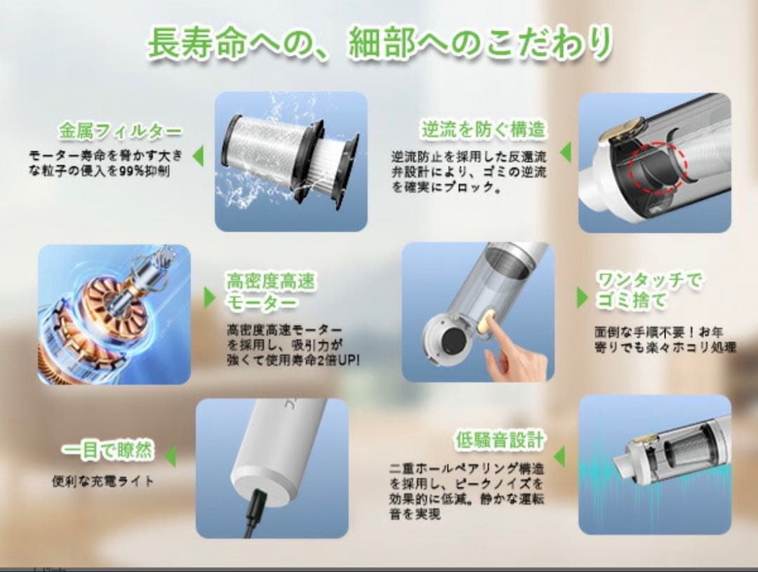 掃除機 コードレス　28000Pa超強力吸引・0.5kg史上最軽量
