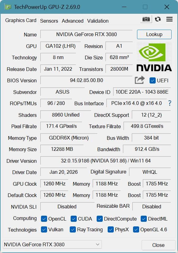 グラフィックボード・グラボ・ビデオカード GeForce RTX3080 12GB ASUS TUF GAMING