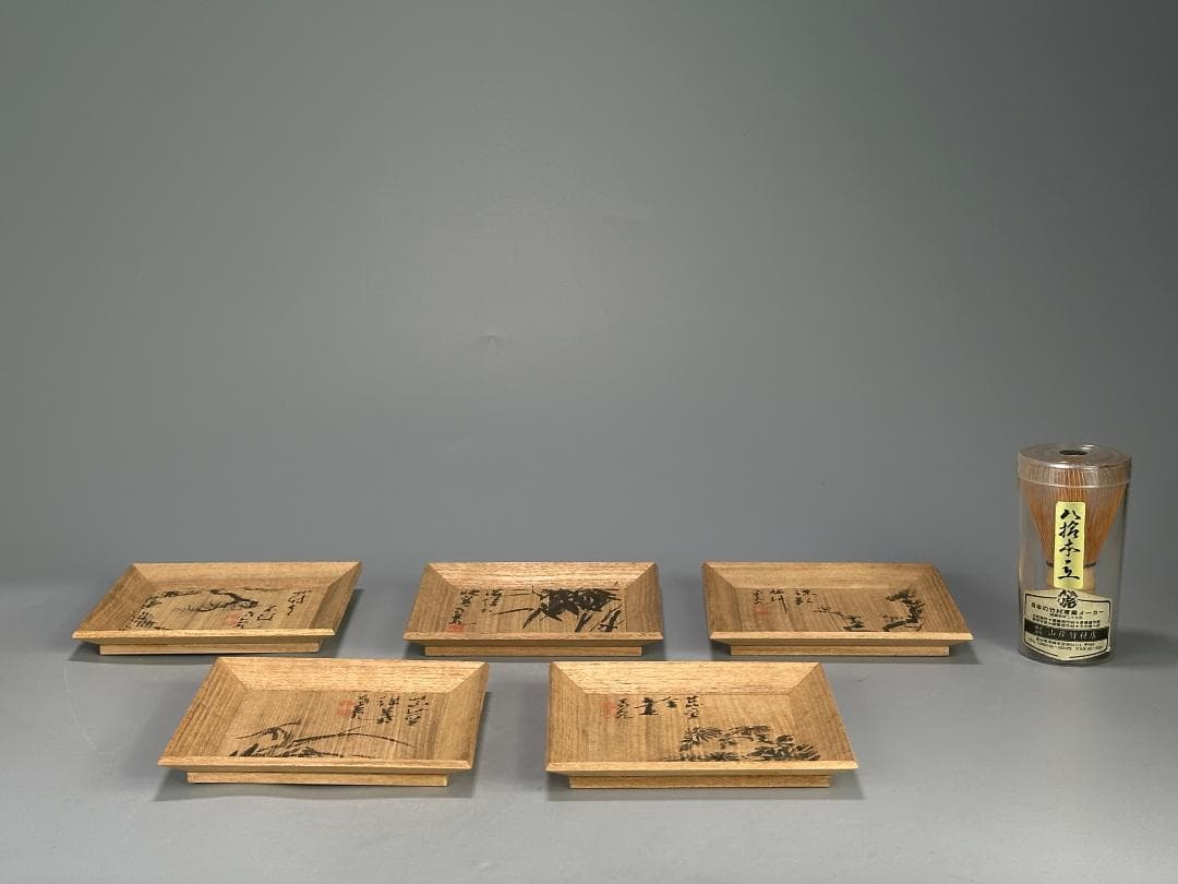 日本美術　茶道具　木造　図替菓子盤　二重箱　時代皿　在銘