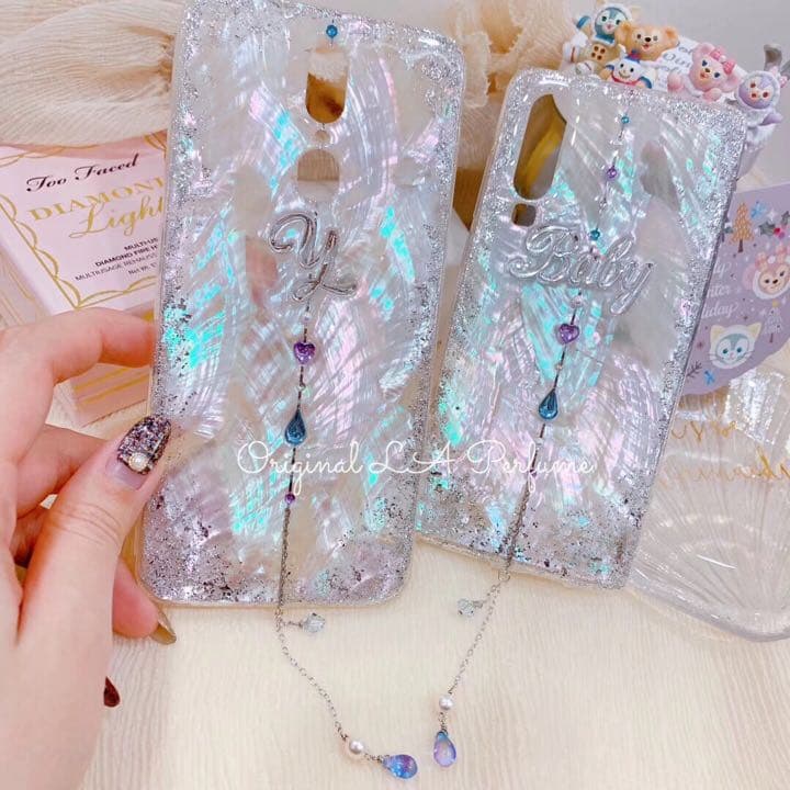 名入れ♡天然シェル✨キラキラ ハートドロップチャーム ホワイト♡iPhone 白