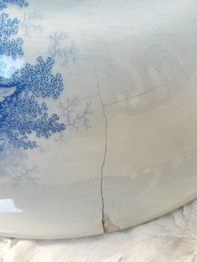 アンティーク　フランス　青い花柄 陶器　大きい　1900年　サルグミンヌ　ボウル