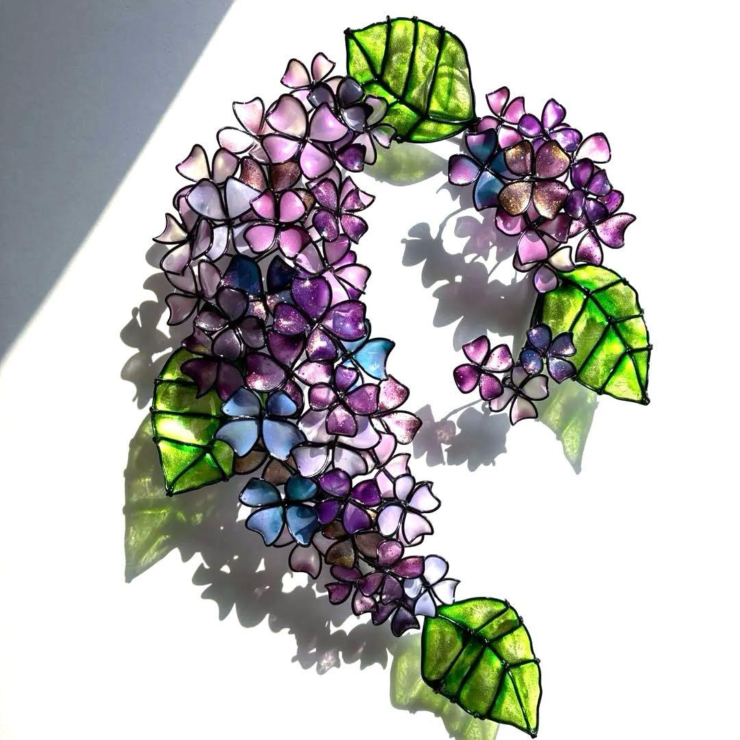 ピンクブルー紫陽花リース　ワイヤークラフト　ディップアート　壁飾り