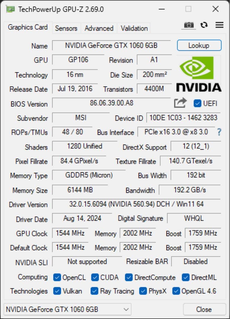 グラフィックボード・グラボ・ビデオカード MSI GeForce GTX 1060 6GB