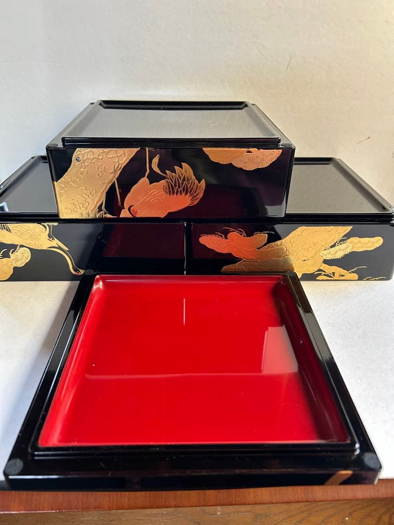 【未使用】会津塗 蒔絵の重箱「長谷川靖夫」作 三段重 足台付⚫漆器 松鶴