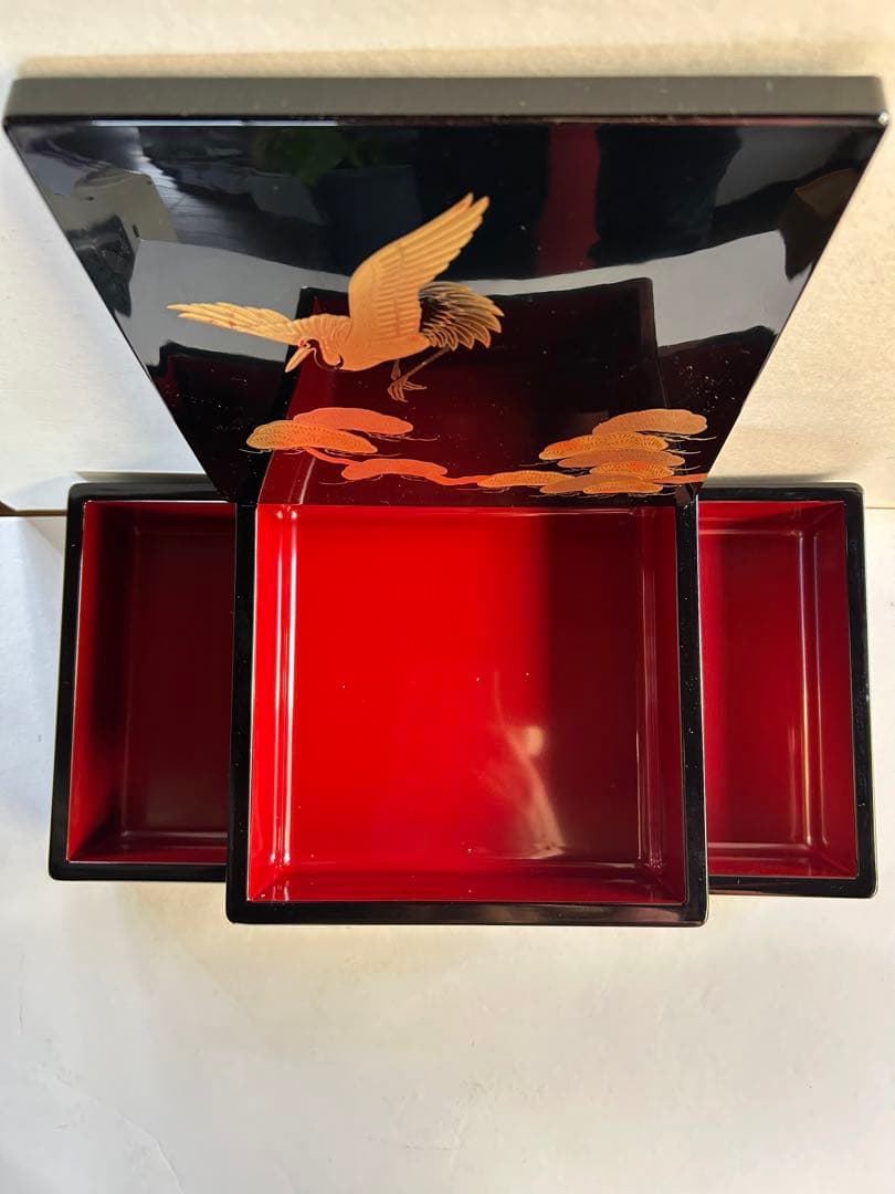 【未使用】会津塗 蒔絵の重箱「長谷川靖夫」作 三段重 足台付⚫漆器 松鶴