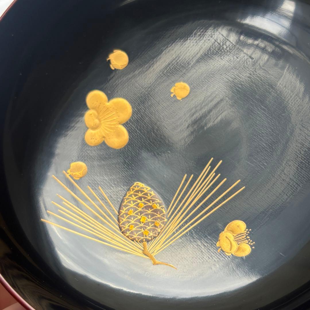 時代　溜塗漆に愛らしい松竹梅の蒔絵お椀5点　梅、松の実（検輪島塗蒔絵椀雑煮椀