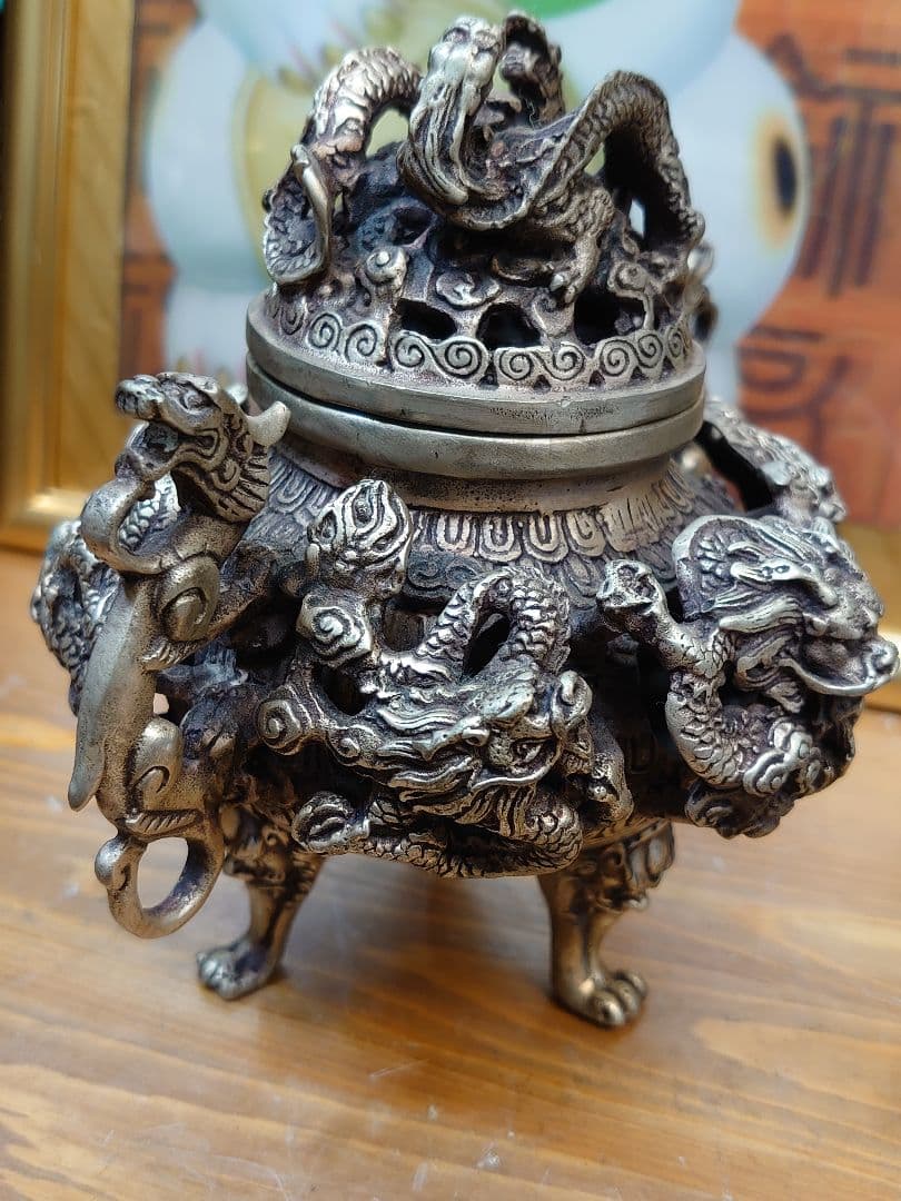開運 龍 龍神 九頭龍 九龍香炉  白銅製（洋銀） 中国 大明宣徳年製
