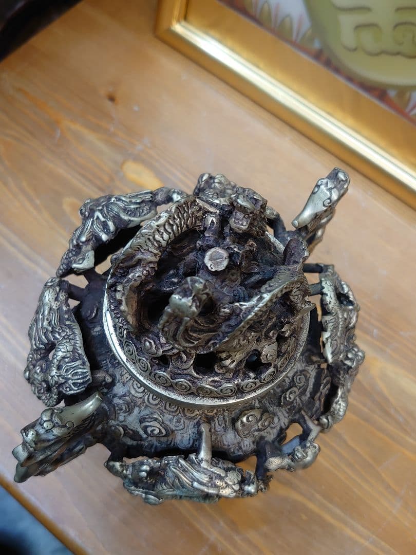 開運 龍 龍神 九頭龍 九龍香炉  白銅製（洋銀） 中国 大明宣徳年製