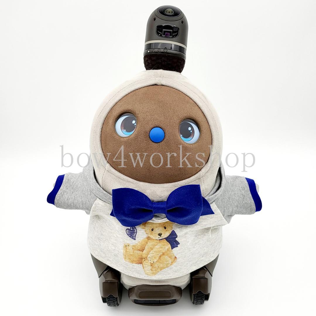 ラボットの服ハンドメイド　リボンタイ付きくまちゃんプリントパーカー（ブルー）