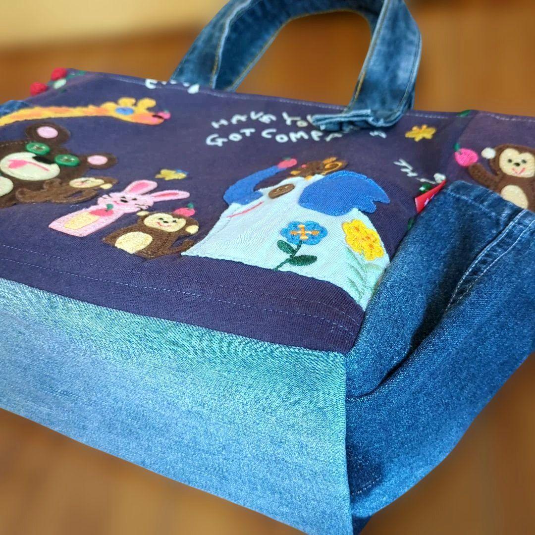 デニムリメイク　トートバッグ　パッチワーク　刺繍