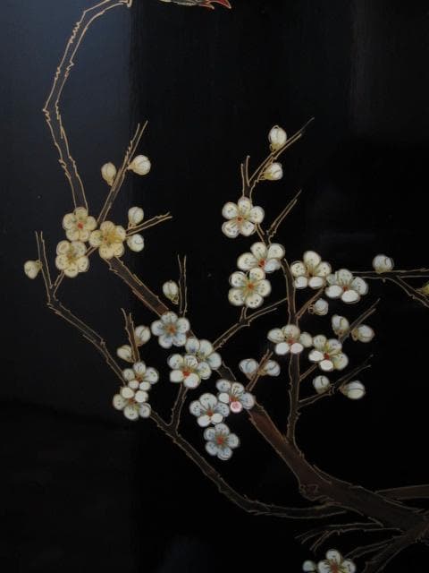 黒漆 中国美術 花鳥図 真鍮金具 茶道具 飾り棚/煎茶棚/キャビネット/書棚