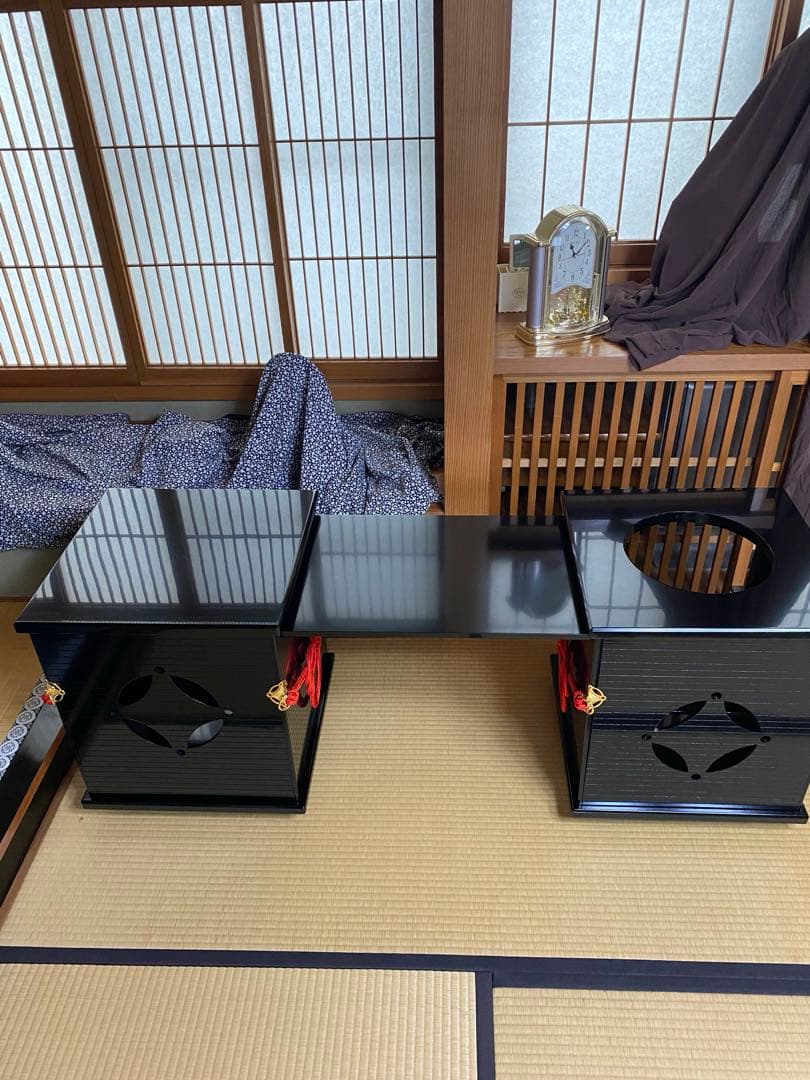 茶道具/御園棚セット① 立礼棚 裏千家 淡々斎好写 丸炉 電熱器 畳み椅子×2脚