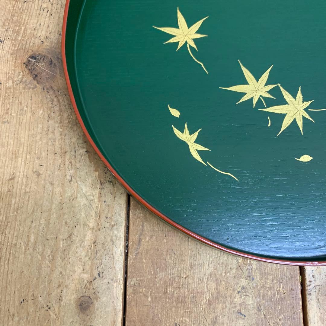 D-5 【美品】漆器 丸盆 変形型 深緑 金彩紅葉 和食器 伝統工芸 金彩 もみ