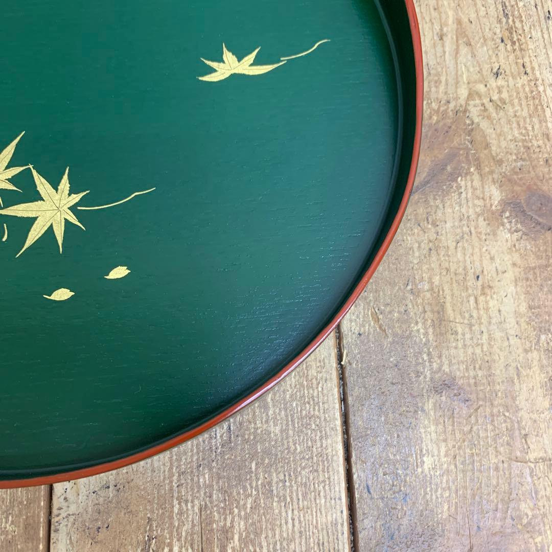 D-5 【美品】漆器 丸盆 変形型 深緑 金彩紅葉 和食器 伝統工芸 金彩 もみ