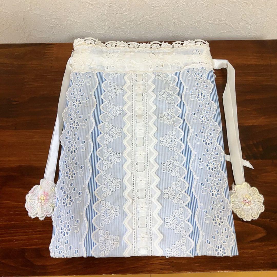 ❄️レース 巾着 小物入れ ティッシュケース ブルー