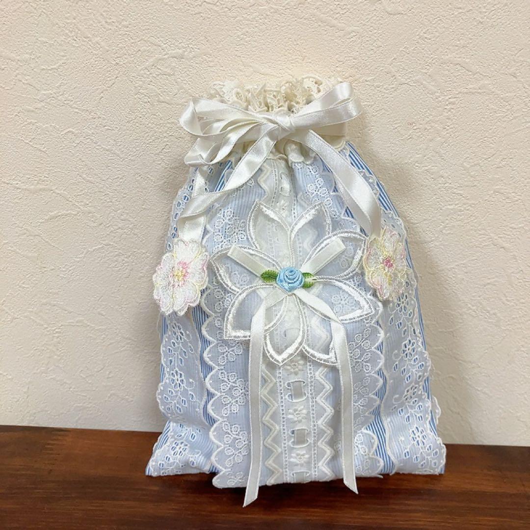 ❄️レース 巾着 小物入れ ティッシュケース ブルー