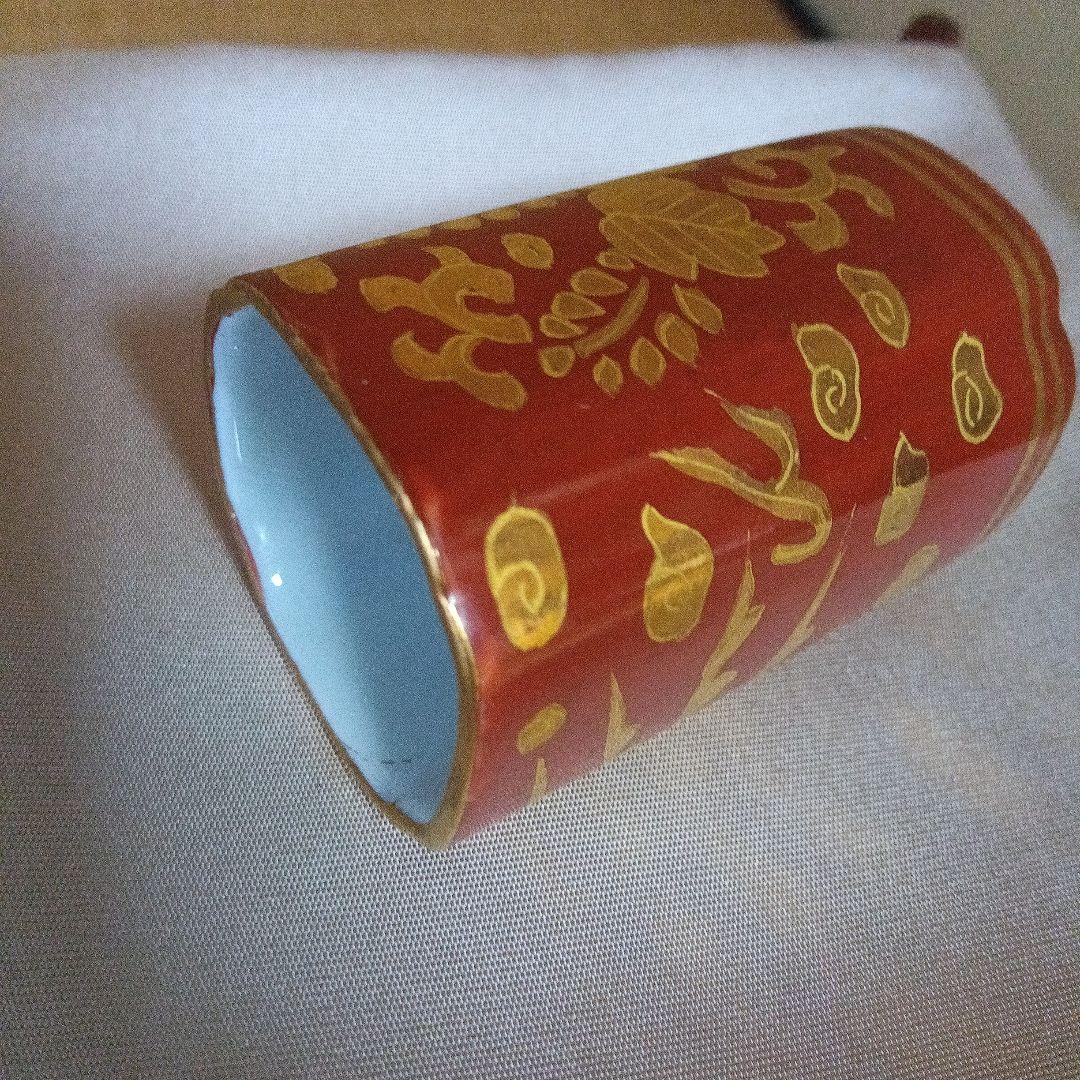 【煎茶道具】赤地金襴手 四方入り角 茶巾筒 井上春峰造