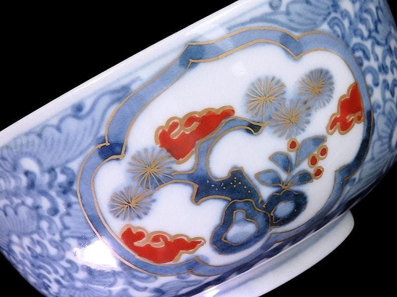 九谷　大聖寺伊万里　染錦　唐草に松竹梅の図　大振蓋茶碗　C435AS-fbvp