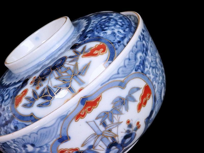 九谷　大聖寺伊万里　染錦　唐草に松竹梅の図　大振蓋茶碗　C435AS-fbvp
