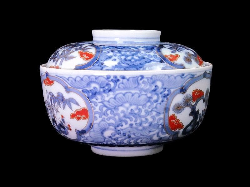 九谷　大聖寺伊万里　染錦　唐草に松竹梅の図　大振蓋茶碗　C435AS-fbvp